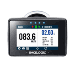 Racelogic GPS data logger for motorsport with digital display showing 83.6 km/h speed and 2.50 seconds run time.