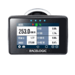 RaceLogic GPS lap timer displaying 253 km/h speed and performance metrics for motorsport racing.
