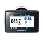 Racelogic racing data logger with digital display showing 45.7 KM/H speed and 1.60 seconds run time, used in motorsport for performance analysis.