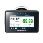 RaceLogic lap timer display showing lap time of 2 minutes 1.62 seconds and a delta of -99.99 seconds, used in motorsport racing for timing and analysis.