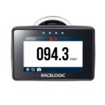 Racelogic GPS speed sensor displaying 94.3 KMH, used in motorsport racing for accurate speed measurement.