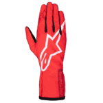 Red racing glove from Grand Prix Racewear with black and white accents, designed for motorsport safety and performance.