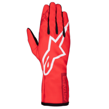 Red racing glove from Grand Prix Racewear with black and white accents, designed for motorsport safety and performance.