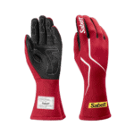 Sabelt racing gloves with red and black design, featuring protective padding and grip for motorsport safety.
