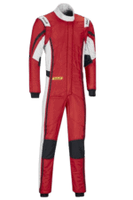 Grand Prix Racewear racing suit in red, white, and black with safety features, designed for professional motorsport drivers.