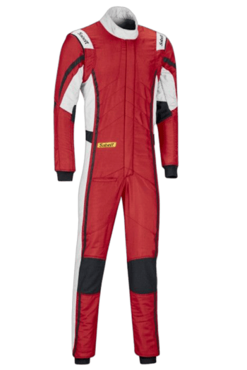 Grand Prix Racewear racing suit in red, white, and black with safety features, designed for professional motorsport drivers.