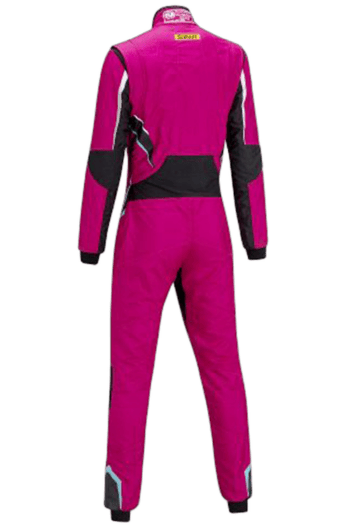 Pink Grand Prix Racewear racing suit with black and white accents, designed for motorsport enthusiasts and professional drivers.