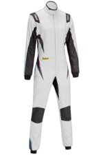 Grand Prix Racewear racing suit designed for motorsport enthusiasts, featuring a sleek white and black design with sponsor logos for optimal safety and performance.