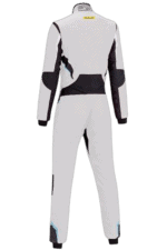 Grand Prix Racewear racing suit in white with black and blue accents, designed for motorsport safety and performance.