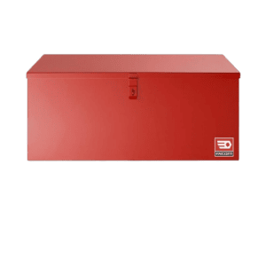 Red Facom metal toolchest with lock and handle, suitable for workshop storage.