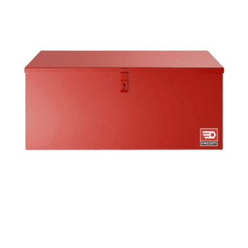 Red Facom metal toolchest with lock and handle, suitable for workshop storage.