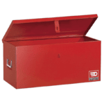 Red Facom toolbox with open lid, ideal for storing tools and racewear equipment.