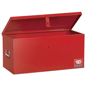 Red Facom toolbox with open lid, ideal for storing tools and racewear equipment.