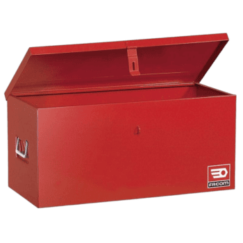 Red Facom toolbox with open lid, ideal for storing tools and racewear equipment.
