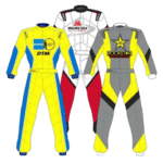 Collection of Grand Prix Racewear racing suits and helmet, featuring bright colours and sponsor logos for motorsport enthusiasts.