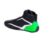 Black and white Grand Prix Racewear racing shoe with green heel detail, designed for motorsport enthusiasts.