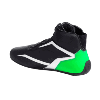 Black and white Grand Prix Racewear racing shoe with green heel detail, designed for motorsport enthusiasts.