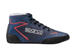 Sparco racing shoe in blue with red accents, designed for motorsport safety and performance.