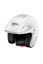White Sparco racing helmet with black interior padding, designed for motorsport safety and performance.
