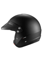 Black racing helmet with aerodynamic design and ventilation features, ideal for motorsport safety and performance.
