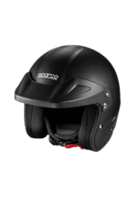 Black Sparco racing helmet with ventilation and adjustable strap, designed for motorsport safety and performance.