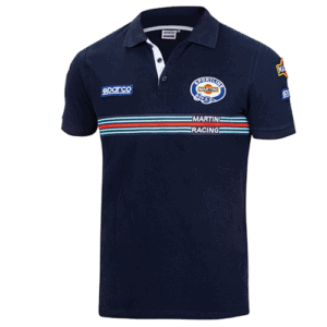 Grand Prix Racewear polo shirt featuring Martini Racing and Motorsport logos, designed for motorsport enthusiasts and racing fans.