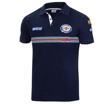 Grand Prix Racewear polo shirt featuring Martini Racing and Motorsport logos, designed for motorsport enthusiasts and racing fans.