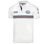White Martini Racing polo shirt with sponsor logos and racing stripes, ideal for motorsport enthusiasts and racewear fans.