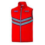 Red racing vest with blue and white stripes, featuring Sparco and Martini logos, designed for motorsport safety and style.