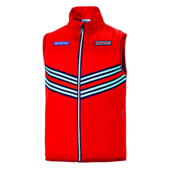Red racing vest with blue and white stripes, featuring Sparco and Martini logos, designed for motorsport safety and style.