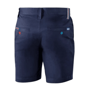Navy blue Grand Prix Racewear shorts with detailed stitching and branding, designed for motorsport enthusiasts and professionals.