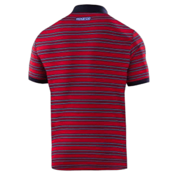 Red and black striped Grand Prix Racewear polo shirt with racing logo on the back collar.
