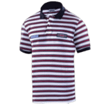 Grand Prix Racewear striped polo shirt with black collar and logo patches, ideal for motorsport enthusiasts.