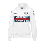 White Martini Racing hoodie with racing logos and stripes, ideal for motorsport fans and racewear enthusiasts.