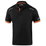 Black Grand Prix Racewear polo shirt with orange and grey accents, featuring Sparco branding for motorsport enthusiasts.