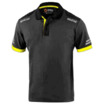 Black and yellow Grand Prix Racewear polo shirt with sponsor logos, designed for motorsport enthusiasts and racers.
