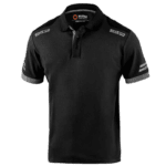 Black Sparco racing polo shirt with logo details, ideal for motorsport enthusiasts and racewear fans.