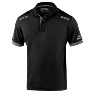 Black Sparco racing polo shirt with logo details, ideal for motorsport enthusiasts and racewear fans.
