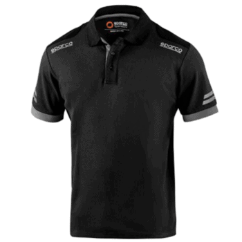Black Sparco racing polo shirt with logo details, ideal for motorsport enthusiasts and racewear fans.