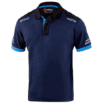 Grand Prix Racewear blue and black polo shirt with sponsor logos, designed for motorsport enthusiasts and professionals.