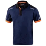 Grand Prix Racewear polo shirt in navy blue with black collar and orange accents, featuring sponsor logos for motorsport racing.