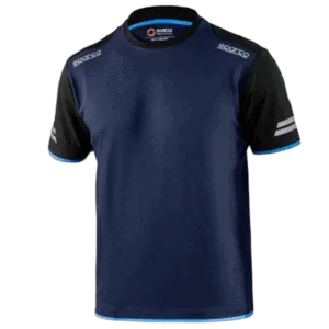 Sparco racing t-shirt in blue and black with logo details, designed for motorsport enthusiasts.
