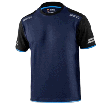 Sparco racing t-shirt in blue and black with logo details, designed for motorsport enthusiasts.