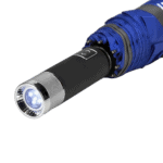 LED flashlight attached to a blue racing suit sleeve, used for motorsport safety and visibility.