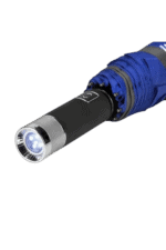 Compact blue and black LED flashlight with a folded umbrella handle for outdoor use.
