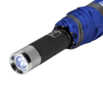 High-powered LED flashlight attached to racing umbrella, used in motorsport events for safety and visibility at Grand Prix Racewear.