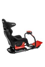 Grand Prix Racewear racing seat with safety harness and pedal system for motorsport simulation and racing games.