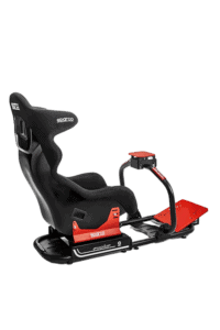 Grand Prix Racewear racing seat with safety harness and pedal system for motorsport simulation and racing games.