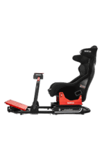 Sparco racing simulator seat with adjustable pedal and steering wheel mount, designed for professional racing enthusiasts.