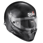 Stilo racing helmet with carbon fibre finish, featuring a clear visor and advanced safety features for motorsport enthusiasts.